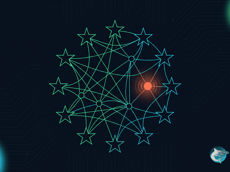 Ilustración del Reglamento de IA de la UE (AI Act): estrellas de la UE conectadas como red neuronal, guía para empresas 2026 de Sphyrna Solutions.